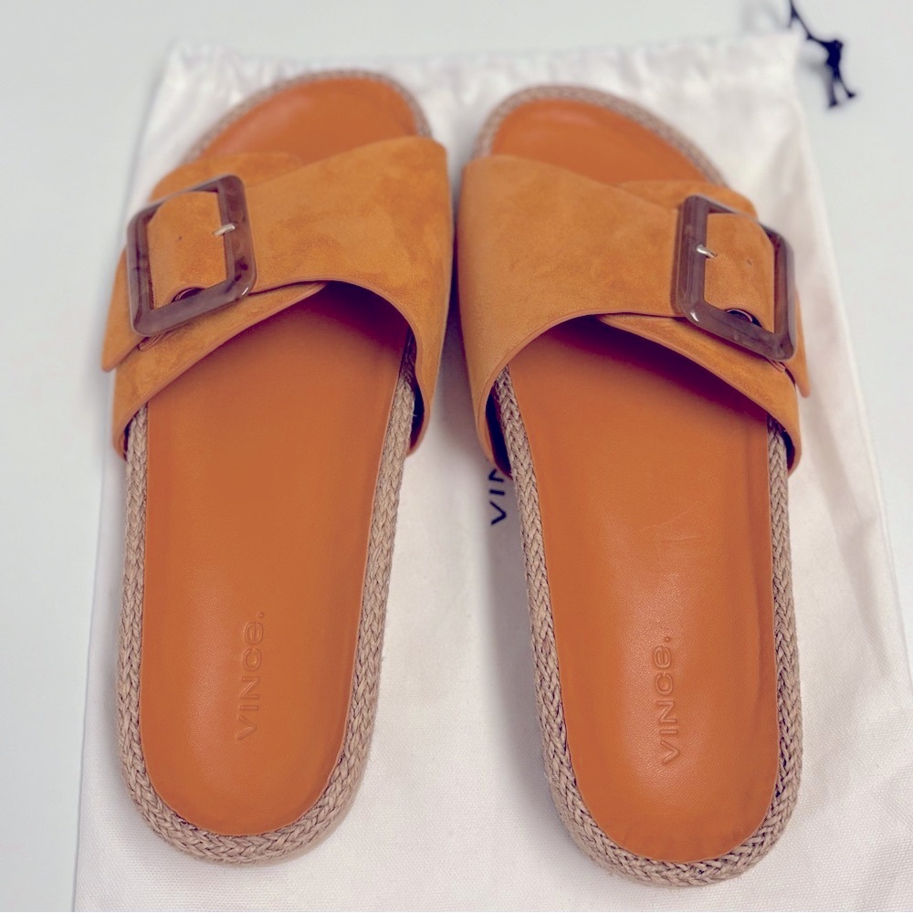 VINCE Grant Suede Buckle Slide Sandals – Orange Suede – NWOT – Size 9 (Fits 9.5) - Picture 4 of 11